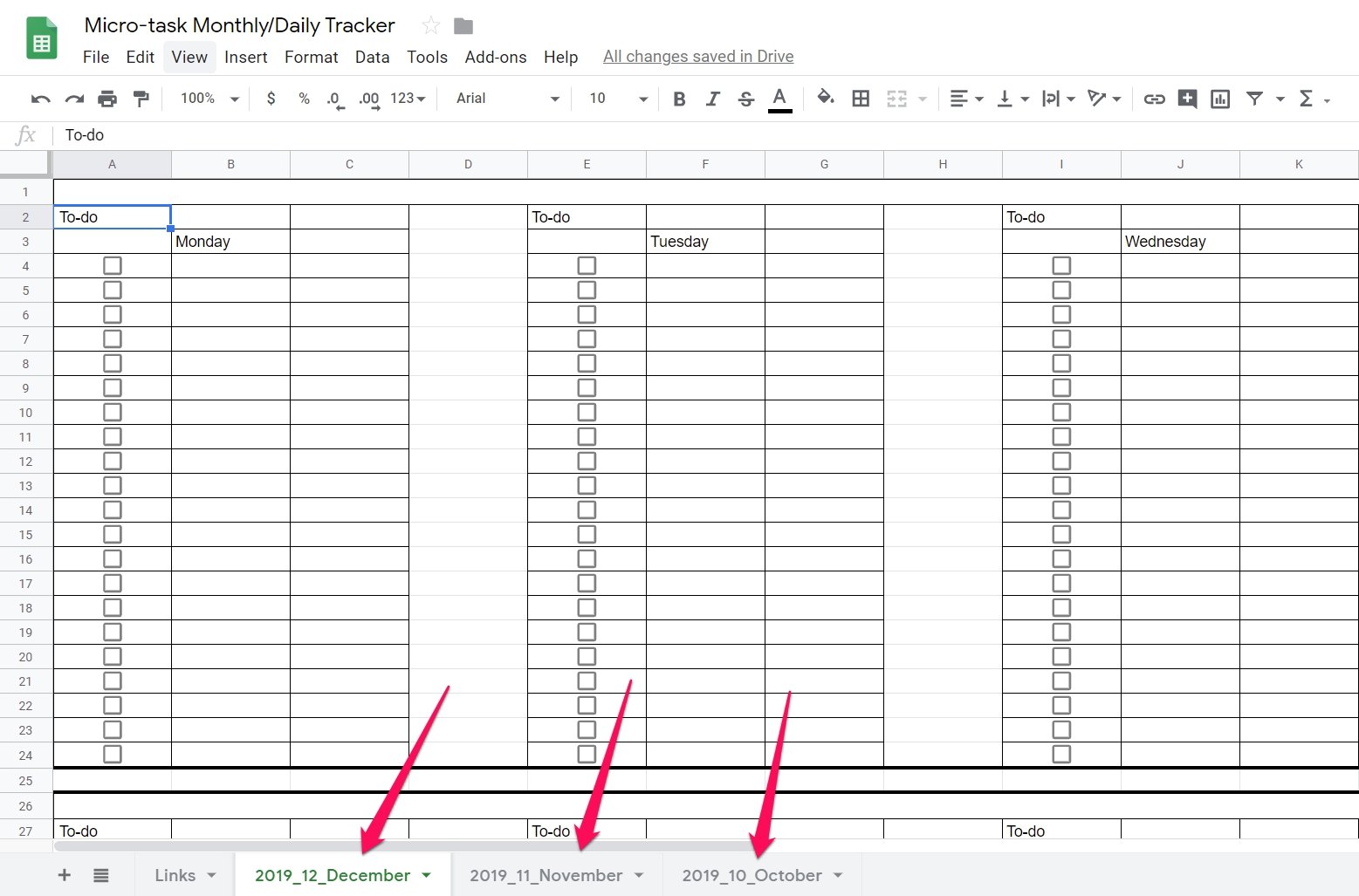 Spreadsheet with checkboxes, days, and dates, organized by week.