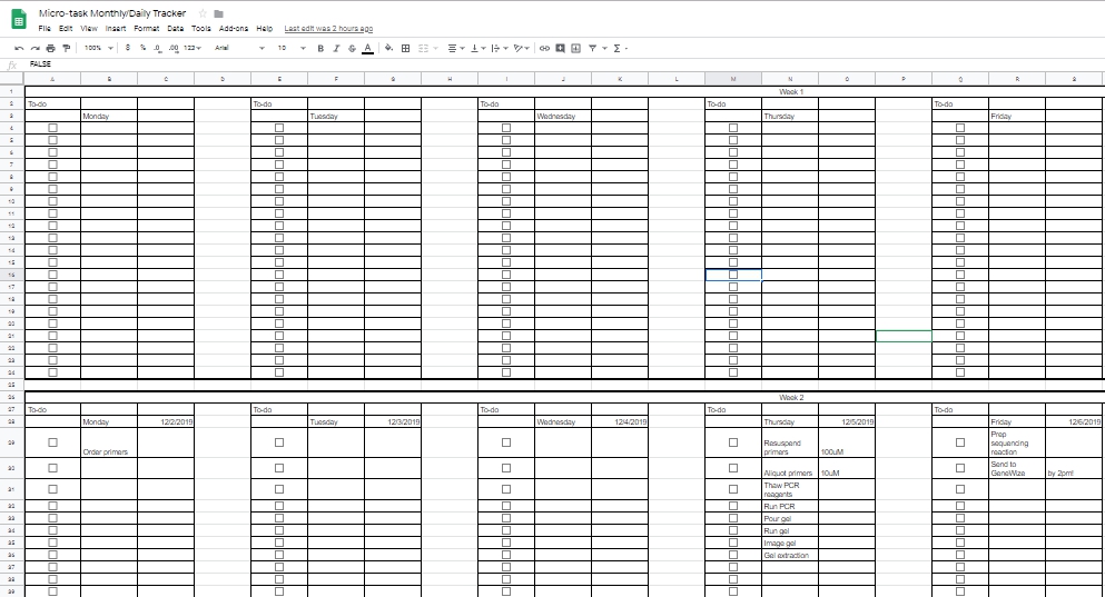 Spreadsheet with checkboxes, days, and dates, organized by week.