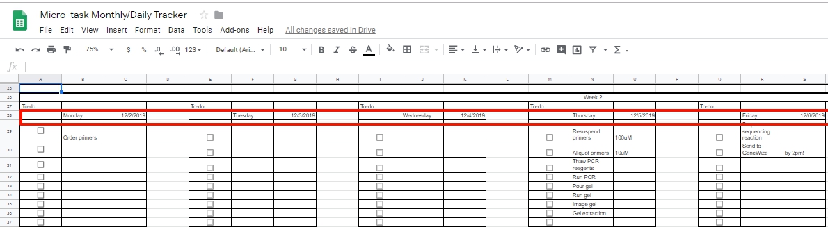 Spreadsheet with checkboxes, days, and dates, organized by week.