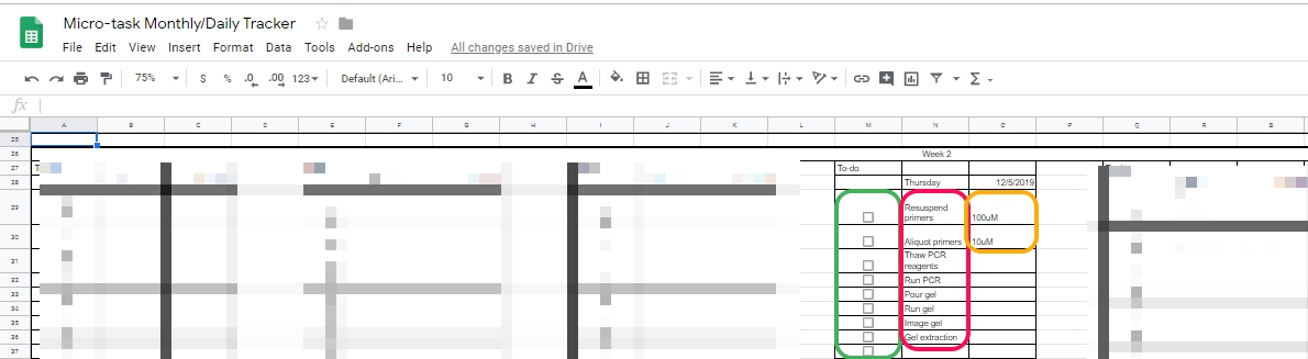 Spreadsheet with checkboxes, days, and dates, organized by week.