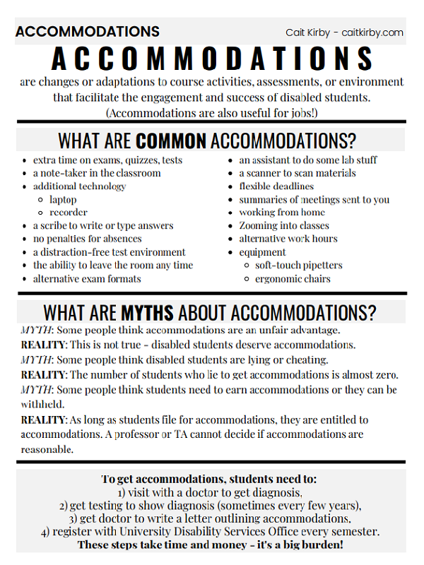 One pager about accommodations. Click to access a page with a screen-reader friendly version.