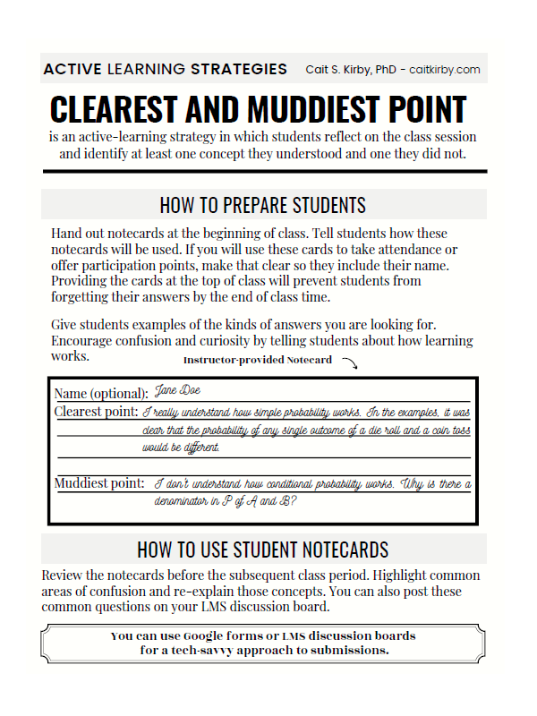 One pager about the clearest and muddiest point activity.  Click to access a page with a screen-reader friendly version.
