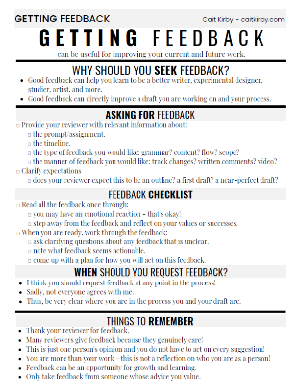 One pager about receiving feedback.  Click to access a page with a screen-reader friendly version.