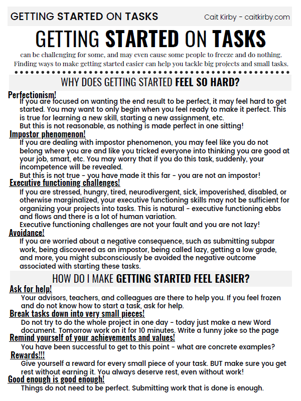 One pager about getting started on tasks. Click to access a page with a screen-reader friendly version.